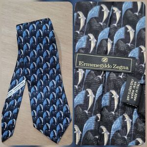 Ermenegildo Zegna Neck Tie Silk Dolphin All Over Print Made In Italy Mens